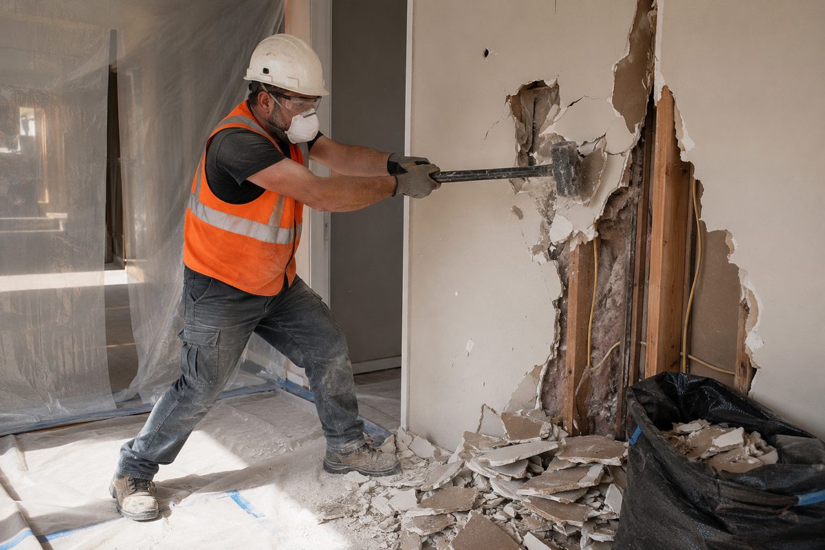 Interior strip-out demolition with debris being cleared
