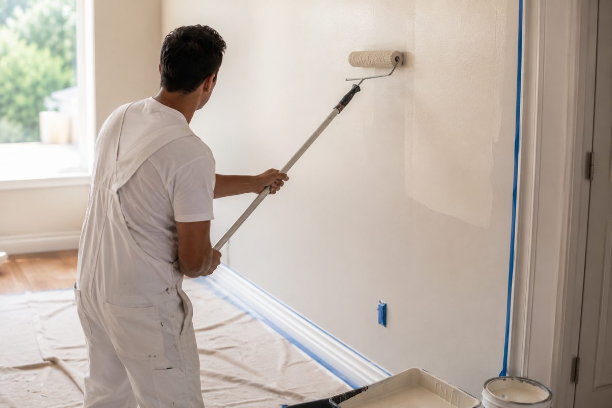 Painter rolling a fresh coat onto an interior wall